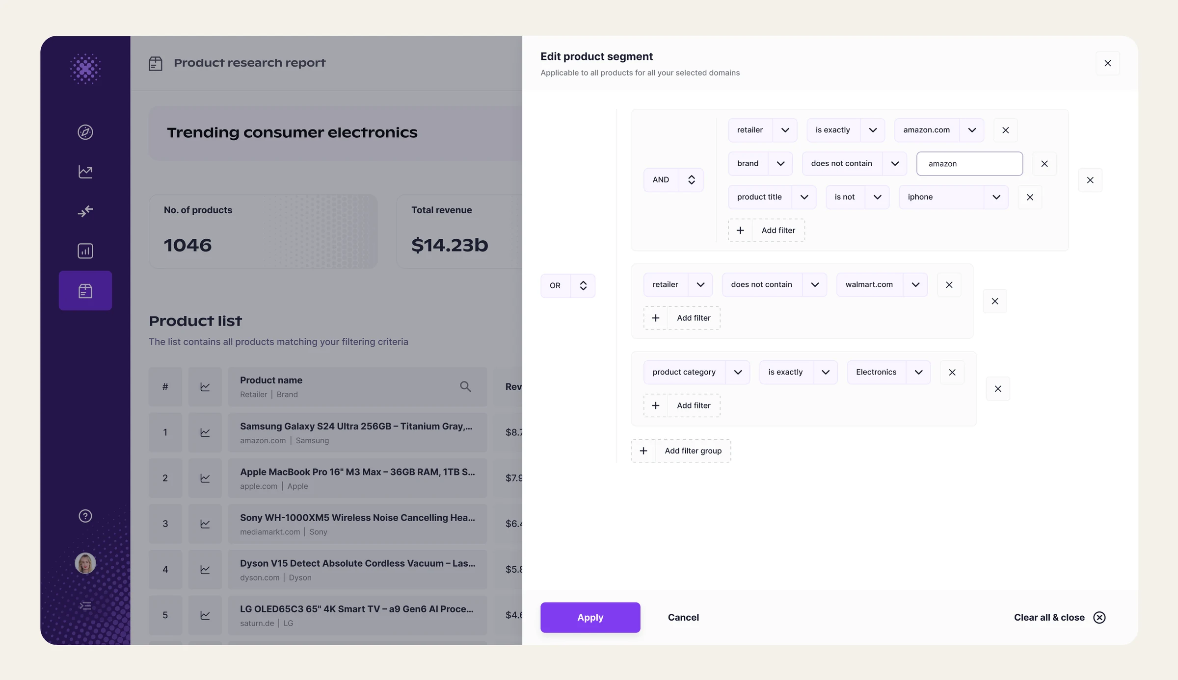 Product Research module - side sheet
